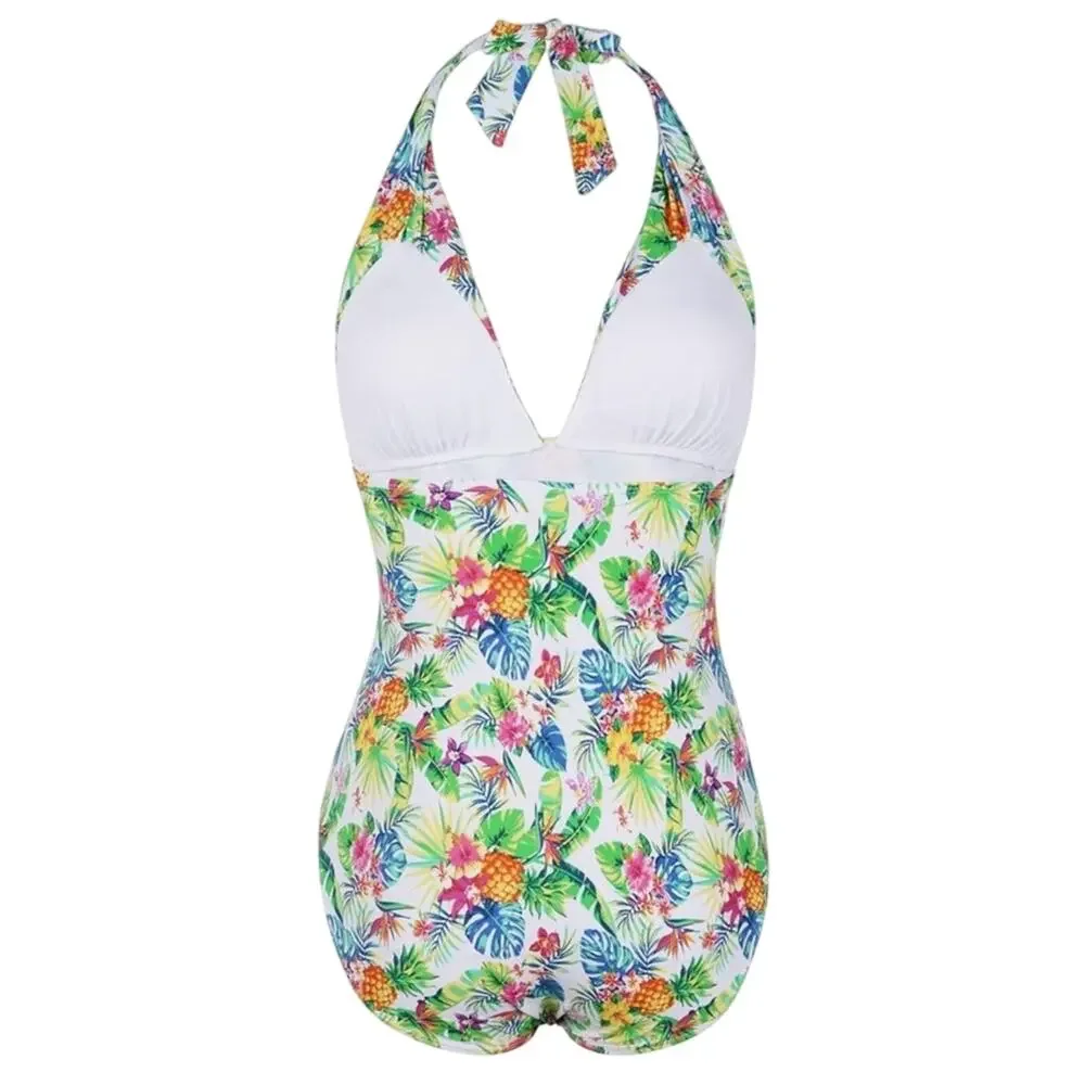 Firpearl White Tropical Pineapple Palm Halter Pin Up One Piece Swimsuit Size 12 - Picture 2 of 9